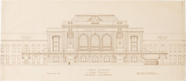 This item (1 of 179) is from the Gove and Walsh Architectural Drawing 1888-1926 collection (C MSS WH1542). This drawing shows an elevation view of an outer wall of Union Station in Denver, Colorado.