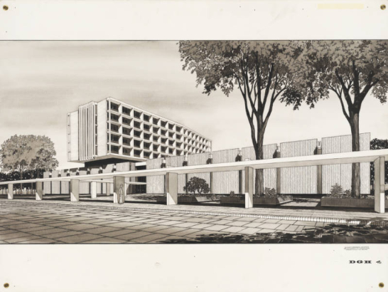 This item (1 of 123) is from the Eugene Sternberg Architectural Records (C MSS WH1003). This drawing shows a rendering of Denver General Hospital, West 7th Avenue and Cherokee Street, Denver, Colorado and was commissioned possibly in the 1960s.