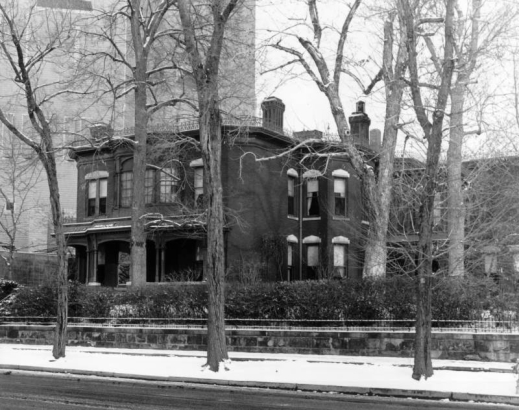 View of the Byers - Evans House Museum (Long Hoeft architects, built 1883) at 13th (Thirteenth) and (1310) Bannock Streets, in the Golden Triangle Neighborhood of Denver, Colorado. Italianate features include a covered porch / balcony, widow's walks, chimneys, a cornice, and entablature. The Denver Art  Museum is nearby.