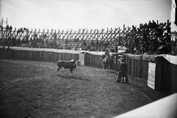 The bullfight on August 24 or 25, 1895, takes place in the wood bullring built at the race track in Gillett, Colorado, for the occasion. Joe Wolfe was the organizer of the event which caused a scandal because of its cruelty to animals. A matador holds a cape and looks toward the bull with barbs in his hide, and mounted seven-foot long-haired picador Charlie Meadows looks into the stands at what appears to be Joe Wolfe in Mexican costume.