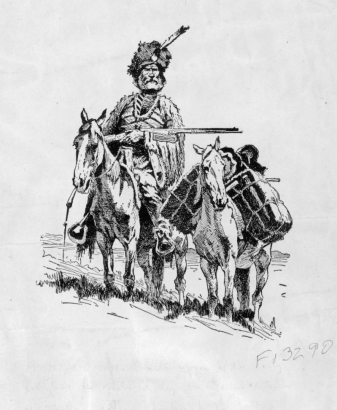 View of a trapper and fur trader astride his horse. He wears a fur hat and coat and holds a rifle. He leads a pack horse with bundles of furs.