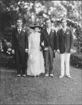 Portrait of some members of the wedding party at the marriage of George McLaughlin. They are identified left to right as: Herbert McLaughlin, Mrs. Edith McLaughlin, George McLaughlin and Frederick McLaughlin.