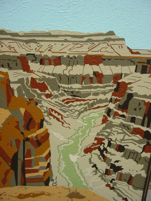 This painting depicts an aerial view of the Colorado River as it winds its way through the banded hills of the Grand Canyon. The painting was created in an original and distinctive technique that the artist calls “Neogeometric.”