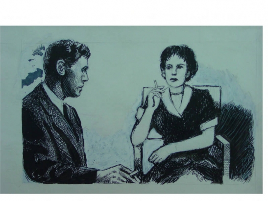 I lit a cigarette and breathed smoke in silence for a while and the girl sat placidly watching me [art original].