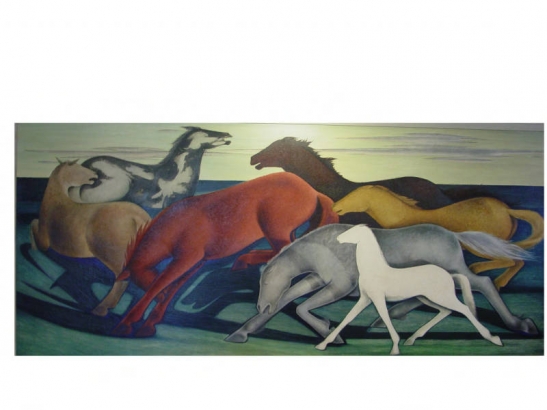 Photograph of oil-on-canvas painting of seven horses running in a curve