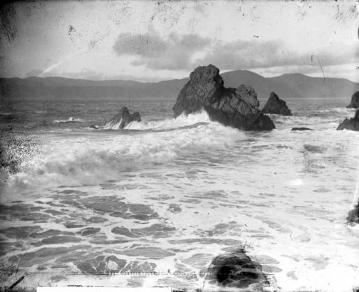 View of the Golden Gate channel between San Francisco Bay and the Pacific Ocean, San Francisco, California. Shows Seal Rocks and Point Bonita in the distance.