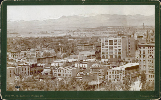 A panoramic view of Denver, Colorado; shows the Brown Palace Hotel and the Kittredge building.