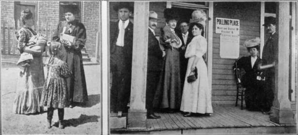View of a woman, a ward worker, in a dark dress and hat, talking to a woman who holds a baby and stands with a young girl. Well dressed men and women sit and stand on the porch of a building with signs that reads: "Polling Place, Ward and District 9, Precinct 1" and "Election Notice." The women wear long dresses and hats. The men wear suits and hats.