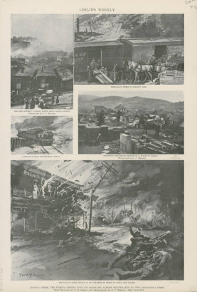 Views of Cripple Creek (Teller County), Colorado during the 1896 fire. Shows refugee housed in railroad boxcars and gathering their belongings, people fleeing as the Palace Hotel is dynamited to slow the fire, and a rescue train.