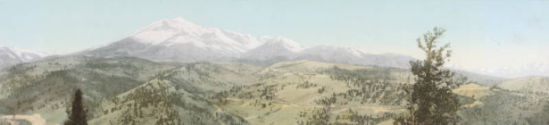 Panoramic view of Marshall Pass in Chaffee County Colorado. Shows Denver and Rio Grande trains on switchbacks on the pass. , Mount Ouray is in the distance.