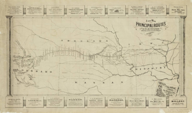 Gold rush map promoting Nebraska City as a supply center, showing railroads, rivers, territorial boundaries, and types of resources available along the route. Advertisers from Nebraska City surround map.