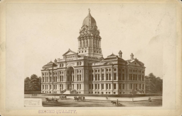 View of the Arapahoe County Court House, designed by architect Elijah E. Meyers, located between 15th (Fifteenth), 16th (Sixteenth) and Tremont Streets and Court Place in Denver, Colorado. The Federal Revival style building has a tower, cupola, pediments, and columns and was designed by architect E.E. Myers.