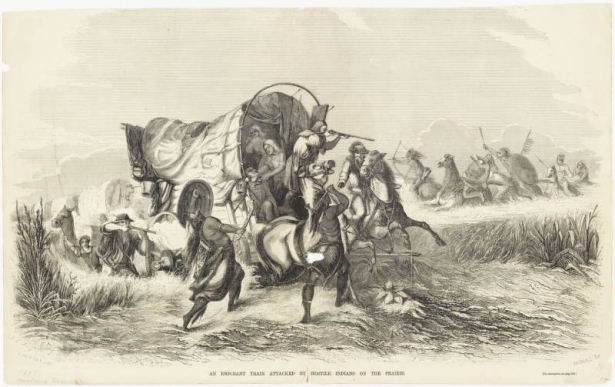 Emigrants and horse-drawn covered wagons are attacked by Native American men. They fight with bows and arrows, tomahawks and rifles. Shows Indians on horseback with a shield, quivers, and a coup stick.