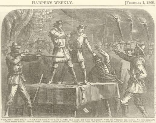 Men point rifles at a Mexican man beside a card table. One man holds a bowie knife; another man restrains the Mexican man by the hair. A crowd of men holds torches and stands nearby.