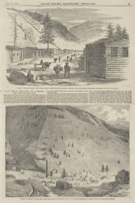 Miners, pack mules and oxen-driven wagons are on a road between one-story log buildings in Gregory Gulch (Gregory Diggings), in Central City or Black Hawk (Gilpin County), Colorado. Shows sparse trees and placer mines on a mountainside, and probably sluice boxes in the valley near the "Gregory Quartz Mill, Conklin & Co." building, a smokestack, and a store with a sign that reads: "Pies, Cakes, Whiskey."