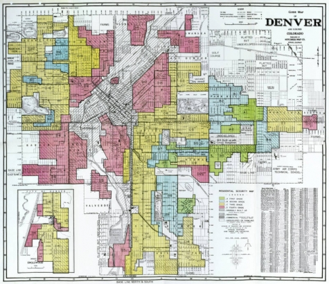 Map is dated August 15, 1938 and illustrates the redlining of neighborhoods in the City and County of Denver where minorities were excluded from receiving home loan funds because they were considered poor economic risks. Redline aspects added to commercially published map by Hotchkiss entitled: Guide map of Denver and suburbs, Colorado.