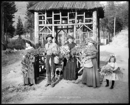 Women, a man, and a girl pose in Nast (Pitkin County), Colorado (west Hagerman Pass reached via Colorado Midland Railway), with wildflowers, fishing rods, a wicker creel, and fish. Outfits include wide brimmed straw hats and pleats; a rustic log gazebo and dog are in the background.