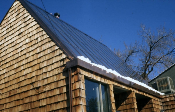 Solar collector on roof, Crowther residence, 419A St. Paul Street, Denver, Colorado