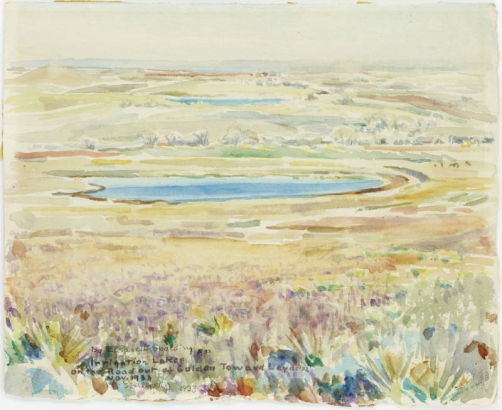 Title printed in watercolor on artwork.; Signed twice LL on recto in pen and ink and pencil: 1. "by Elizabeth Spalding 1933" -- 2. "E. Spalding 1933""; Notes in pencil on verso: "Title 'The Irrigation Lakes and the Plains' by Elizabeth Spalding, 853 Washington; Road out of Golden Towards Leyden painted November 1933; Exhibited Denver Art Museum by invitation C and C Building Gallery through December 1934; Shown University of Colorado Sept. 1936"; Number TIN-0647 on DAM inventory.