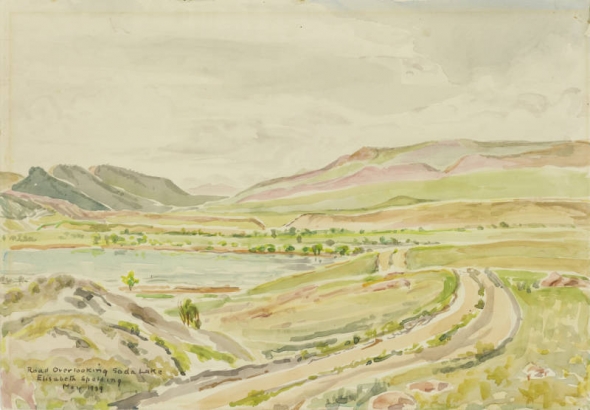 Title printed in watercolor on artwork.; Signed LL: "Elizabeth Spalding, May 1939"; Notes in ink on verso: "Painted on Mt. Morrison Road overlooking Soda Lake May 1939.; By Elizabeth Spalding 853 Washington Denver Colorado; Title 'Road Overlooking Soda Lake in May'; Invited by Mrs. Caroline Tower [for show?] at Woman's Club Denver [Monday] July 15, 1940 in a group of E.S. water colors"; Number #TIN-0656 on DAM inventory.