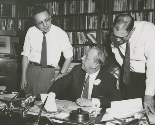 Bill Hosokawa speaking with two members of the Denver Post staff