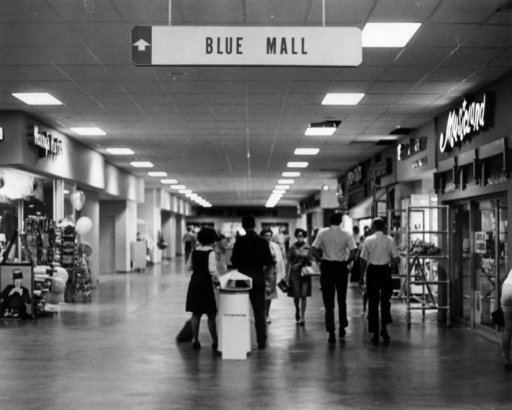 A long hallway with a sign reading "Blue Mall" at Cinderella City  shopping center in Englewood, Colorado, has small stores on either side. "Harry's Hutel [sic]" has a poster of W. C. Fields, balloons, and other merchandise on display; "Musicland" has scaffolding in front, and another shops has a canopy. "Pier 1 Imports" is at the end of the mall. A dropped ceiling with flourescent lighting in overhead.