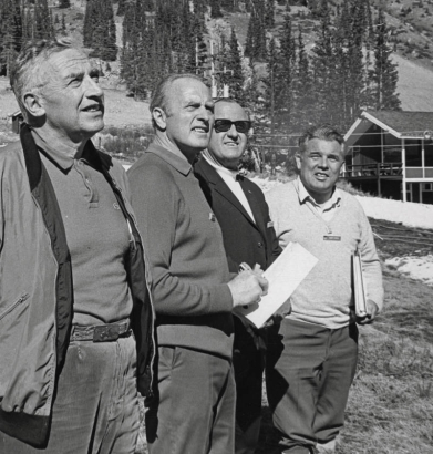 Members of the International Ski Federation inspected Denver's proposed sites for the 1976 Winter Olympic Games Tuesday and pronounced them excellent. Surveying Loveland Basin are, from left, Robert Faure, chairman of the FIS alpine committee; Willy Schaeffler, technical director of ski events for the Denver Organizing Committee; FIS President Marc Hodler; and Hubert Spiess, head of the alpine courses subcommittee.