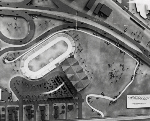 This is a model of the Olympic speed skating rink. It's supposed to cost $2.2 million to $2.5 million. It could require 685 skaters a day to pay it off after the 1976 games are over.