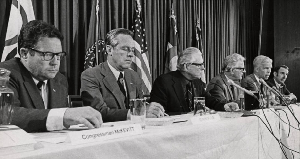 Colorado politicians met with officials from the Denver Organizing Committee Monday and discussed plans for the 1976 Winter Games. From left, are Rep. James D. McKevitt, Gov. Love, Mayor McNichols, Sen. Gordon L. Allott, Sen. Peter H. Dominick and Rep. Frank E. Evans.