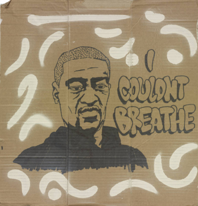 Poster gathered near Civic Center Park in Denver after a protest that took place in the aftermath of the George Floyd murder. The text reads "I couldn't breathe" and shows a drawing of George Floyd. 