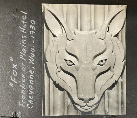 "'Fox' - Frontier or Plains Hotel, Cheyenne, Wyo." (fox relief sculpture), 1930. PhotoBox: 1, Page: 21, Julius Peter Ambrusch Papers (WH2473)