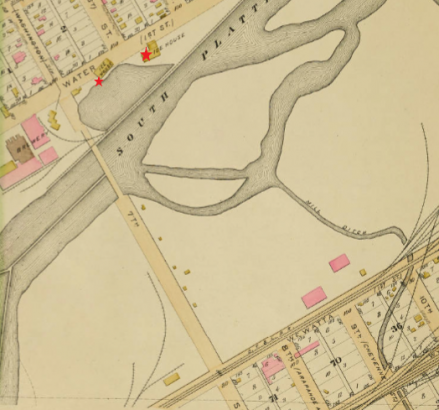 Portion of Plate 1 of Robsinson's Atlas of the City of Denver showing ice houses (starred in red)