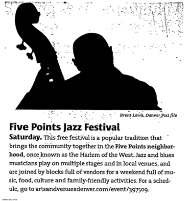 Newspaper clipping featuring Five Points Jazz Festival
