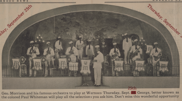 Newspaper clipping featuring advertisement for the George Morrison Orchestra