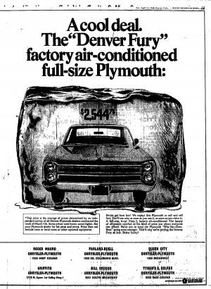 A newspaper add for the "Denver Fury" Plymouth with a drawing of a car