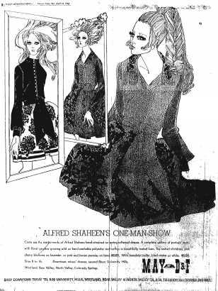 A newspaper ad for May D&F showing a woman looking in the mirror at different outfits