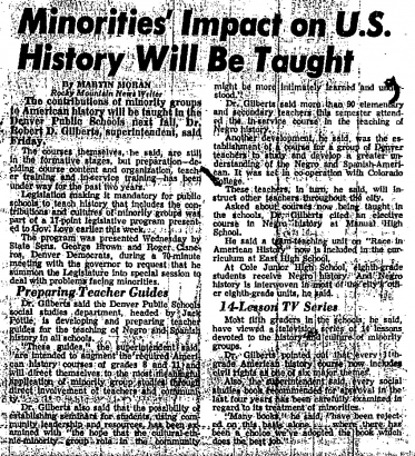 Newspaper article with the headline "Minorities Impact on U.S. History Will Be Taught"