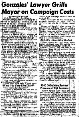 Newspaper article with the headline "Gonzales' Lawyer Grills Mayor on Campaign Costs"
