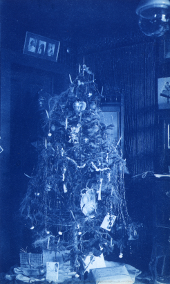 View of a decorated Christmas tree and presents in a house near the mining town of American City (Gilpin County), Colorado. Portraits of three women and others are hung on the walls.
