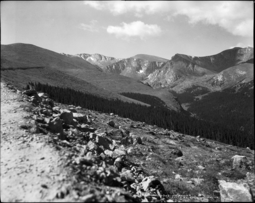Black and white photograph of Mount Evans at a distance.