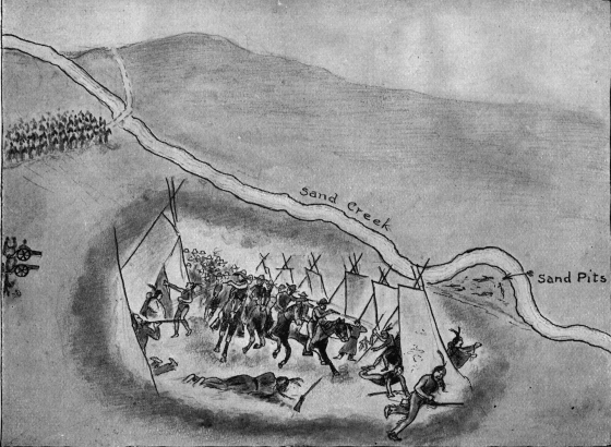 A drawing shows the relative locations of Native American (Cheyenne) tepees and the members of the Third Colorado Regiment at the start of the massacre at Sand Creek, Colorado. Published in Luella Shaw's 'True History of Some of the Pioneers of Colorado' (1909), opposite page [115], which is a compilation of hagiographic articles about early white settlers and military leaders in Colorado during the late 19th century.