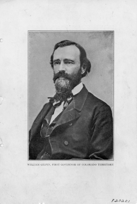 Portrait of William Gilpin, Territorial Governor of Colorado from 1861-1862, removed from an unknown publication. Photograph taken around the time of his abbreviated term. On verso is a photograph of Pikes Peak.