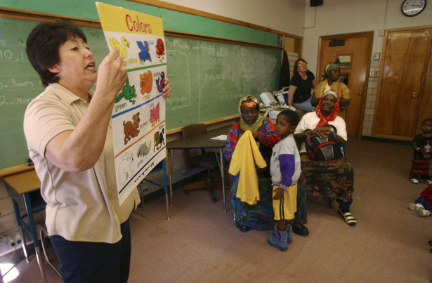 Teacher, Norma Trujillo goes over colors with her class of Somali Bantu refugees. 