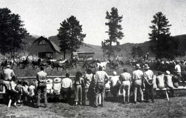 The barn that was later converted into the recording studio at Caribou Ranch can be seen at the back of this photo of a Sunday horse show during the 1940s at the Lazy VV Ranch.