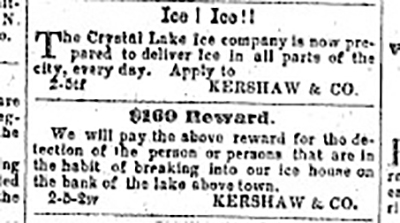 Ad for the Crystal Lake Ice Company in the Rocky Mountain News Weekly, May 30, 1860