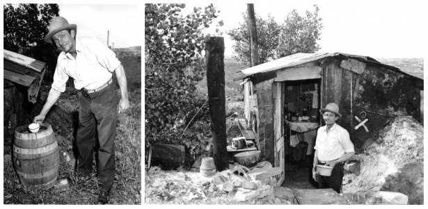Left: "Shorty, shown here, saves rain water from the roof of his house because 'it's such nice soft water' for washing dishes and clothes.'" Right: Shorty in front of his home, 1941. From the WHG Undigitized Photo files (Denver. Slums. Gopher City).