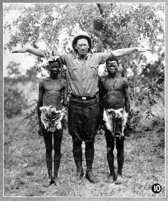 "Dr. Cadle and two average size Kalahari Bushmen"