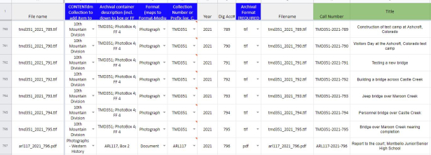 View of a spreadsheet holding digitization metadata, 2021