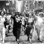Photo shows California women delegates to the Democratic convention still energetic and able to parade and cheer for their choice after two weeks of listening to speeches and balloting in the hottest of New York city weather.