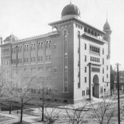 Exterior view of El Jebel Temple on 18th (Eighteenth) & Sherman Street in Denver, Colorado. The Moorish style structure features onion domes, spires, Moorish arches, and inlaid terra cotta tiles. The building houses the Masonic lodge of El Jebel Shriners "The Ancient Arabic Order of the Nobility of the Mystic Shrine."